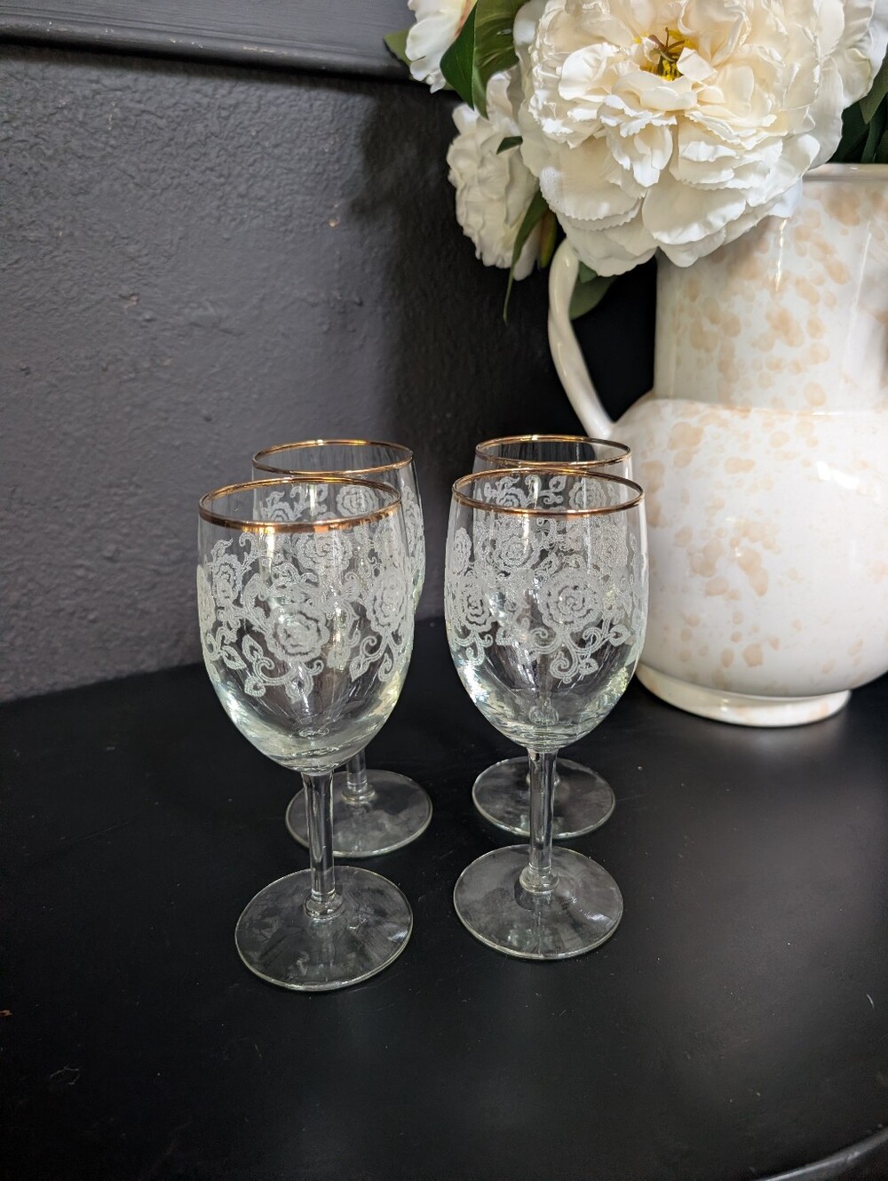 Vintage, set of 4, Libbey Glass Company Rose Etching Wine Glasses,  Gold Trim, 7